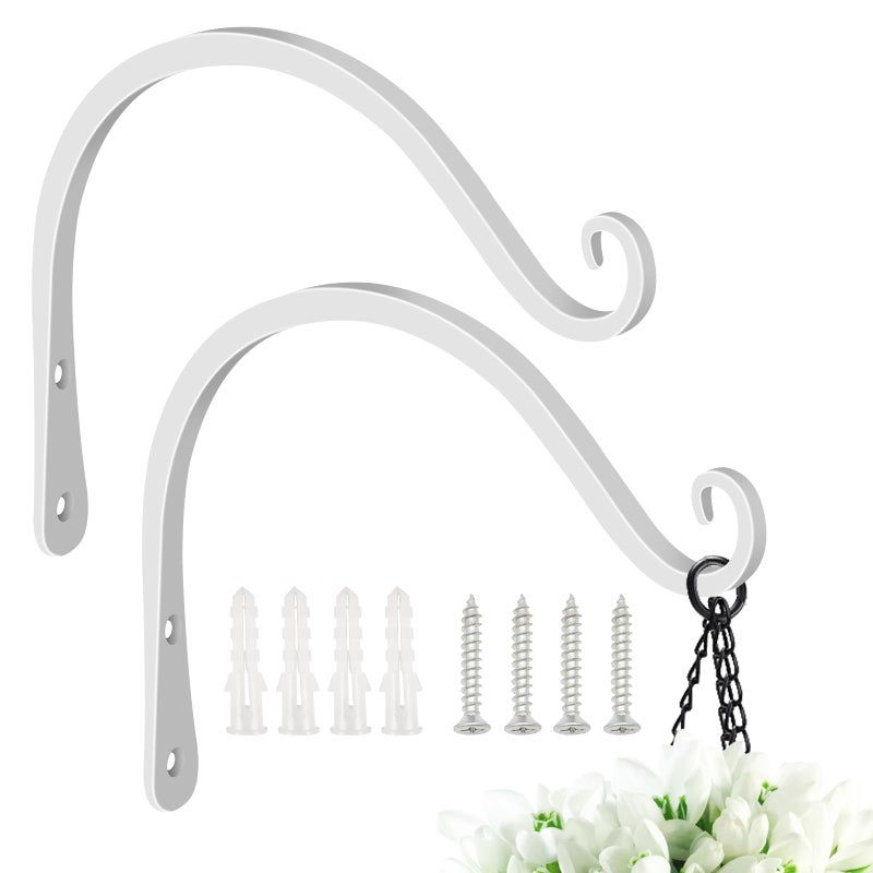 FEED GARDEN خطافات حائط حديدية مزخرفة من فيد جاردن، خطافات تعليق نباتات معدنية منحنية، للاستخدام الداخلي/الخارجي لتعليق مغذيات الطيور، أجراس الرياح، سلال الزهور، حصيرة اليوغا، (بيضاء، 8 بوصة 2 عبوة) - Image 1